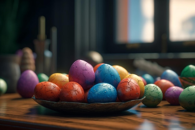 Un bol d'œufs de Pâques colorés est posé sur une table.