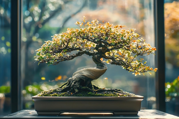 Photo bonsai avec des fleurs jaunes vibrantes dans un jardin intérieur serein