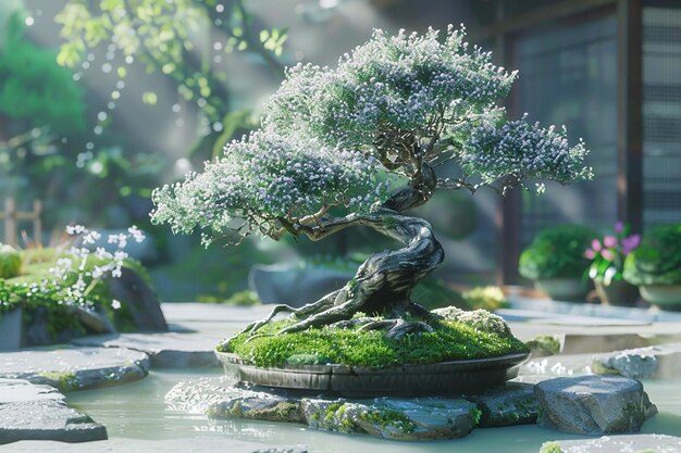 Photo un bonsai avec de la mousse est dans un jardin