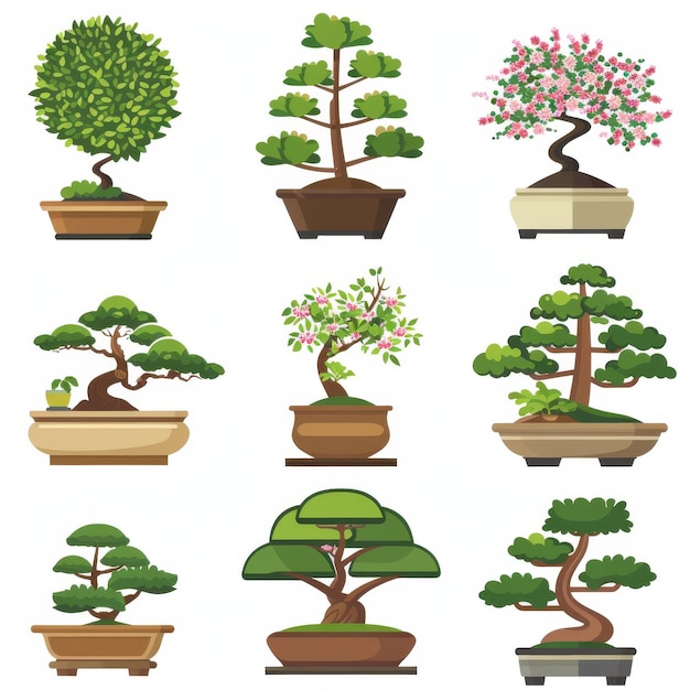 Photo bonsai pot plant icon set bonsai plant flat design abstrait le symbole du bonsai est un pot simple avec des fleurs isolées.