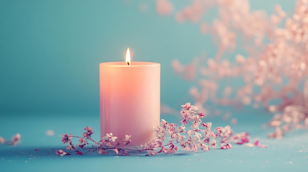 une bougie rose avec une bougeie rose dessus et des fleurs sur la table