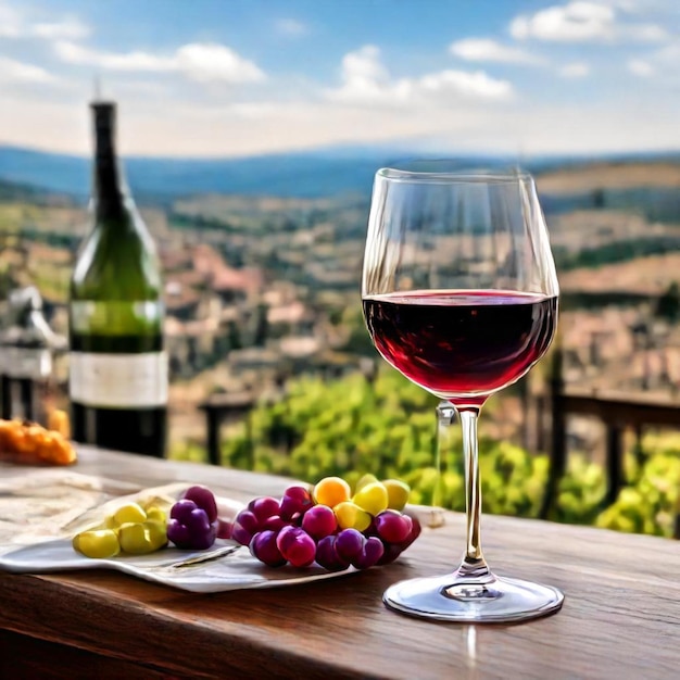 Photo une bouteille de vin à côté d'un verre de vin et de raisins