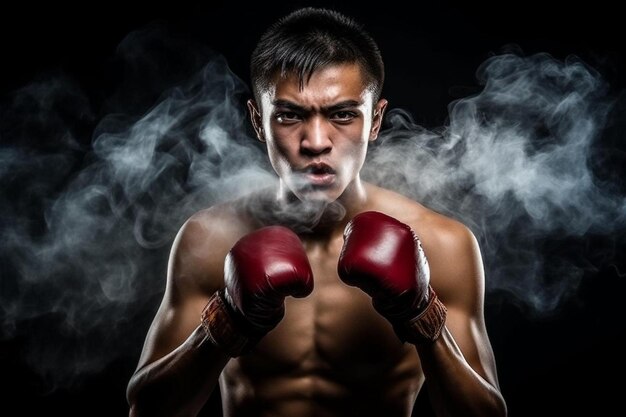 Photo un boxeur avec des gants de boxe rouges devant un fond noir