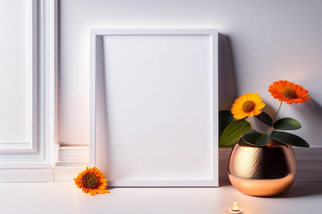 Un cadre avec une fleur et une bougie sur la table