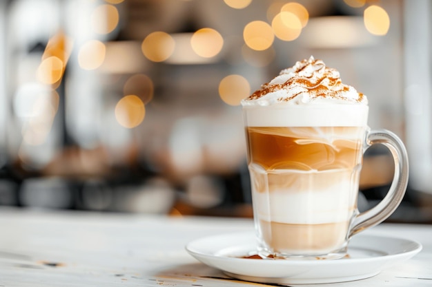 Photo caffee latte en couches avec de la crème fouettée sur une table blanche