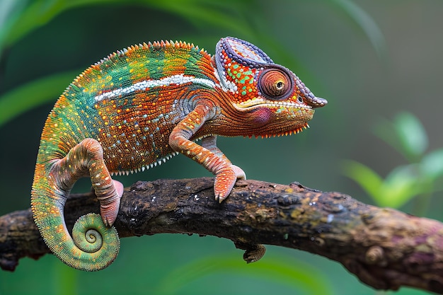 Photo un caméléon coloré est assis sur une branche