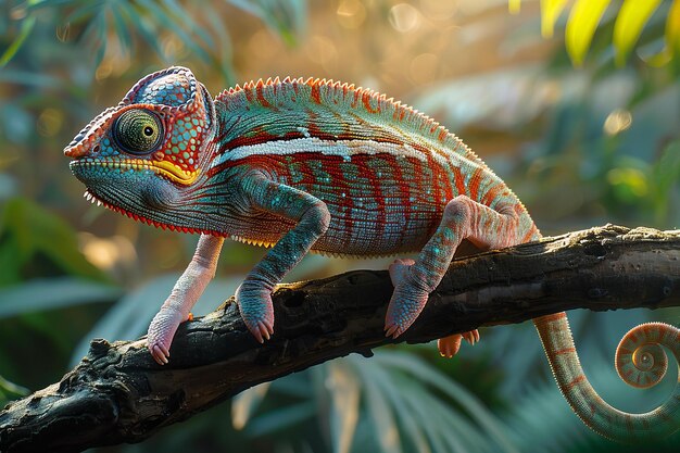 Photo un caméléon coloré est assis sur une branche