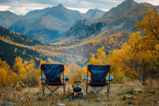 Photo camping en plein air avec un feu de camp qui grince