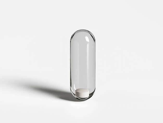 Photo capsule de pilule en verre minimaliste sur une surface blanche symbolisant l'innovation dans les soins de santé et