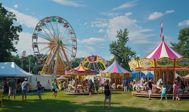 Photo un carnaval avec une roue en ferris et des gens en arrière-plan