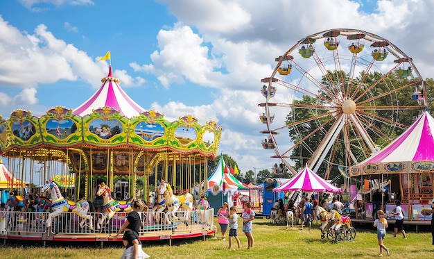 Photo un carnaval avec une roue en ferris et des gens en arrière-plan