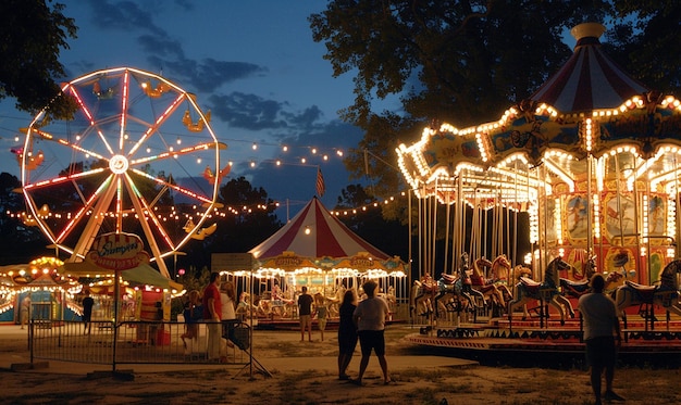 Photo un carrousel avec une roue de ferris et des gens à l'arrière-plan