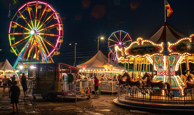 Photo un carrousel avec une roue de ferris et une roule de ferris en arrière-plan