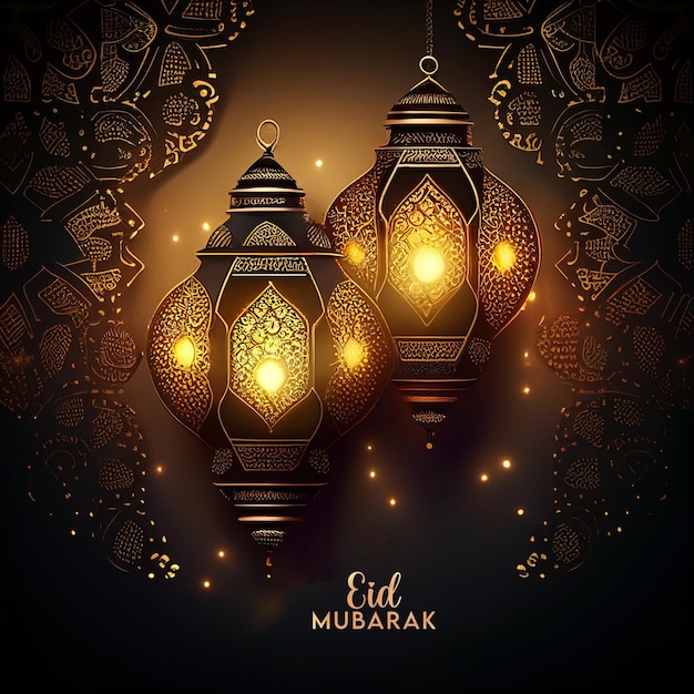 Une carte complexe avec des lampes dorées et noires et un fond sombre avec eid mu mubarak