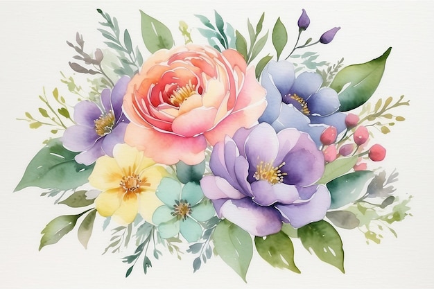 Carte de vœux avec des fleurs couleurs pastel peinture à l'aquarelle faite à la main