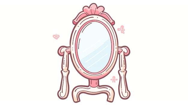 Photo cartoon dessiné à la main d'un miroir rose avec un dessus décoratif