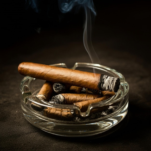 Photo un cendrier en verre avec un paquet de cigares dedans