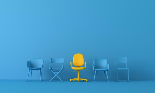 Chaise jaune se détachant de la foule concept d'entreprise d rendu