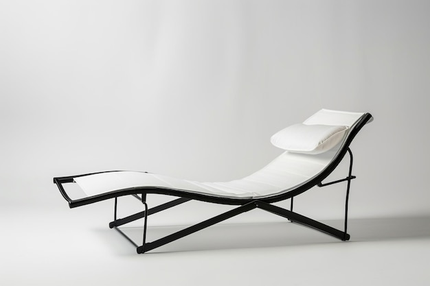 Photo chaise longue minimaliste noire et blanche avec cadre métallique isolé sur un fond blanc massif