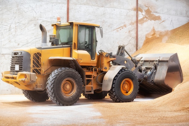 Chargeuse sur pneus, pelle chargeant du sable sur le chantier.