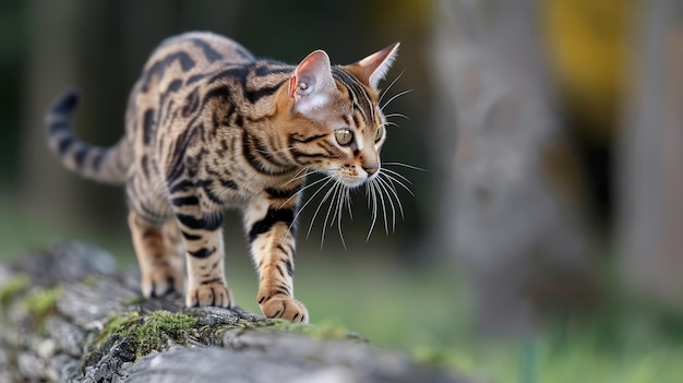 Photo un chat du bengale marche sur une bûche sur un fond vert