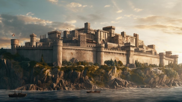 Photo un château sur l'eau avec un bateau dans l'eau et un bateau dans l'eau.