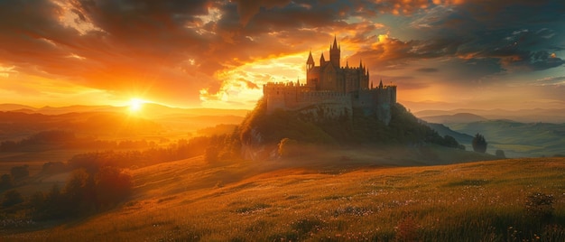 Photo un château majestueux sur une colline sous un ciel spectaculaire détaillé en 8k uhd