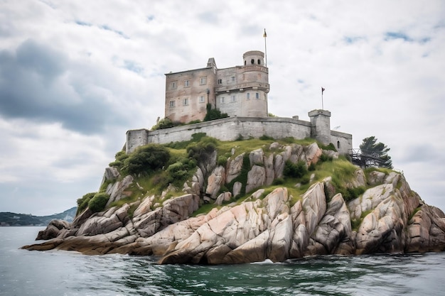 Château médiéval sur un morceau d'île rocheuse avec un ciel nuageux derrière une ai générative