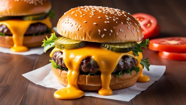 Photo des cheeseburgers délicieux avec des ingrédients en arrière-plan.