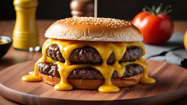 Photo des cheeseburgers délicieux avec des ingrédients en arrière-plan.