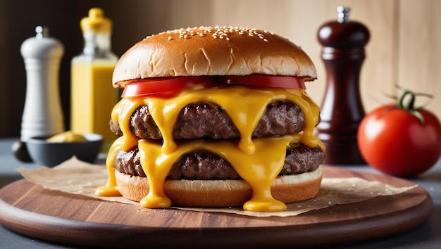 Photo des cheeseburgers délicieux avec des ingrédients en arrière-plan.