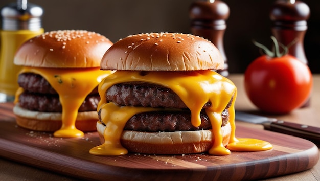 Photo des cheeseburgers délicieux avec des ingrédients en arrière-plan.