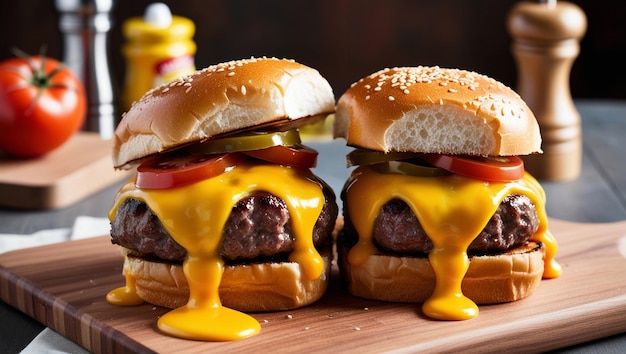 Photo des cheeseburgers délicieux avec des ingrédients en arrière-plan.