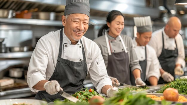 Photo un chef américain d'origine asiatique dirige une équipe diversifiée dans la cuisine d'un restaurant animé