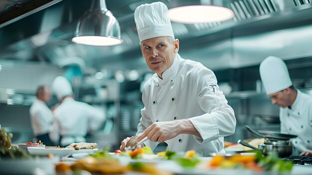 Photo un chef dynamique dans un uniforme blanc croustillant préparant habilement un plat gourmet dans une cuisine de luxe