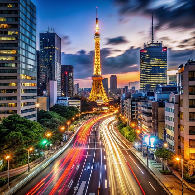 Photo la circulation et la tour de tokyo la nuit à tokyo au japon pour la conception de paysages nocturnes urbains