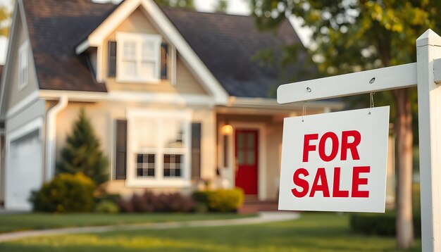 Photo close-up d'un panneau d'agent immobilier disant à la vente à l'extérieur de la propriété maison de classe moyenne