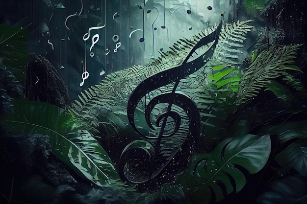 Collage de musique de forêt tropicale Jungles Melody Affiche musicale classique Sons de la nature Illustration IA générative abstraite