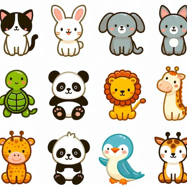 Photo une collection d'animaux de dessins animés, dont le panda, le panda et le panda.