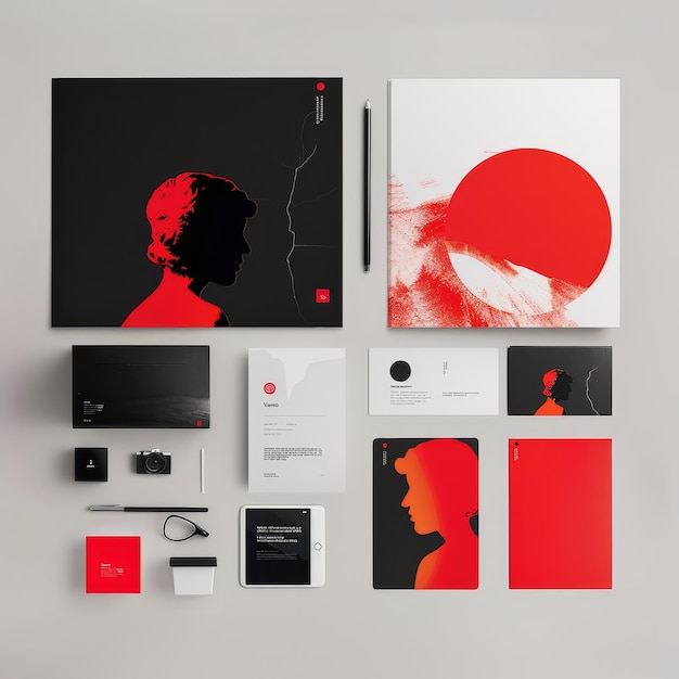 Photo une collection de brochures dont une rouge et une noire avec un visage rouge