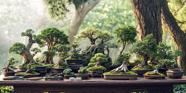 Photo une collection débordante d'arbres bonsai et d'outils de taille s'étendent vers l'extérieur