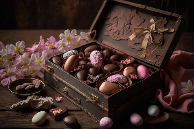 Collection d'oeufs de Pâques avec des motifs floraux complexes d'animaux et de cœurs dans une boîte en bois rustique avec IA générative