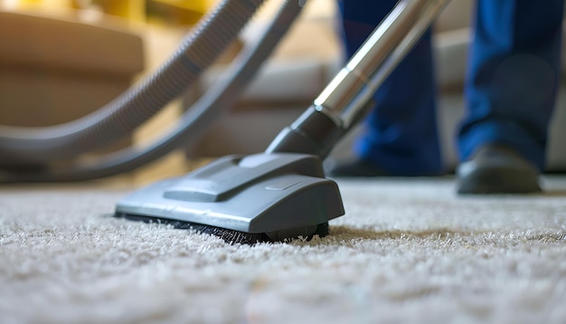 Photo les concierges nettoient les tapis à la main à l'aspirateur