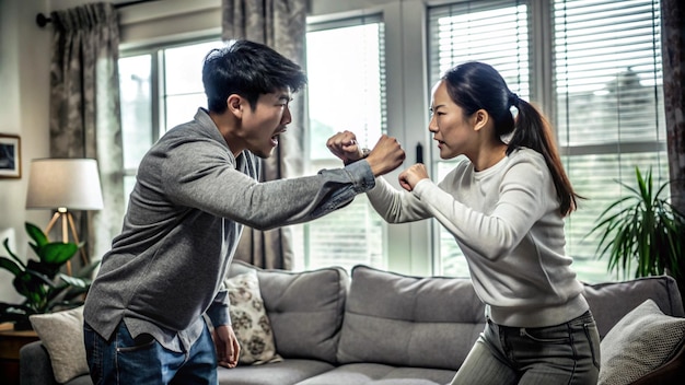 Photo un couple asiatique se dispute dans le salon.