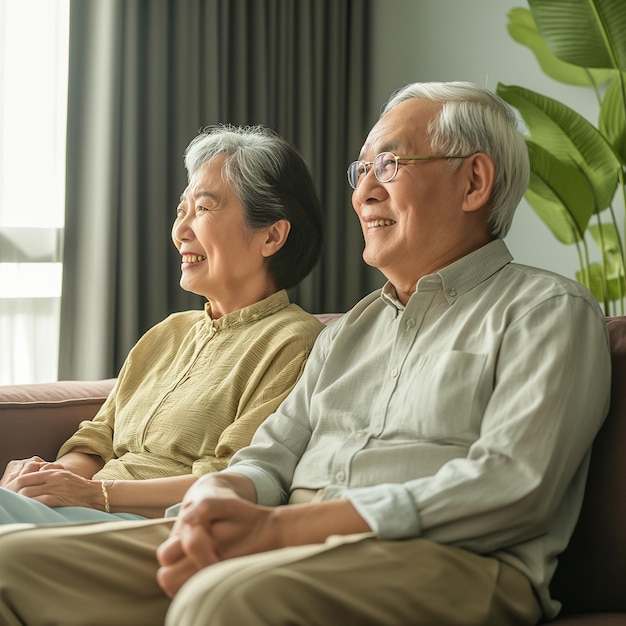 Photo un couple de personnes âgées amoureuses assis sur un canapé souriant