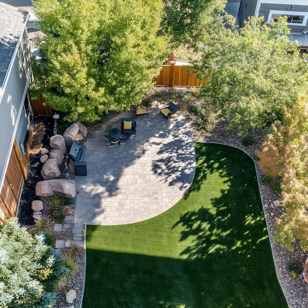 Photo une cour arrière avec une pelouse verte et un patio avec un gazon vert