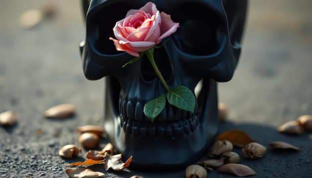 Photo un crâne obsédant orné d'une rose en fleur et entouré de feuilles sèches et sèches