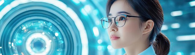 Photo créez une image d'un entrepreneur asiatique dans un cadre futuriste mettant en valeur sa résilience et son ambition au milieu des dispositifs technologiques