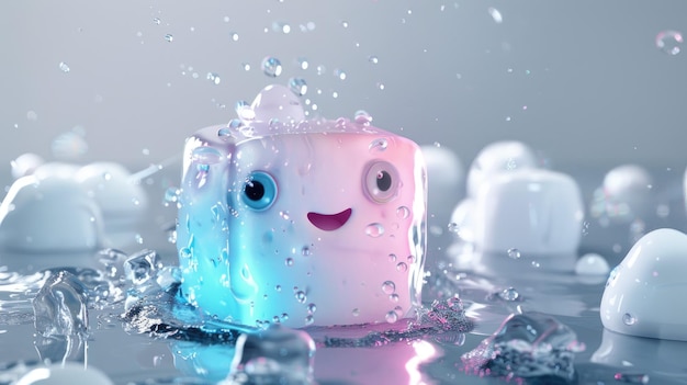 Photo le cube de glace souriant dans l'eau