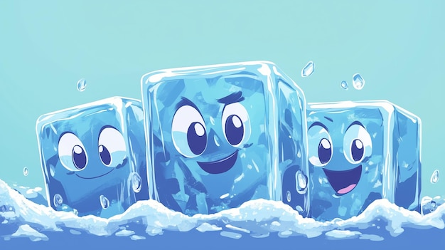 Photo des cubes de glace de dessins animés enjoués profitant d'un moment de jeu dans l'eau fraîche pendant une journée ensoleillée